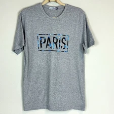 Paris Souvenir Grey T-Shirt Blue Floral Font M