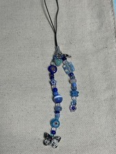 Blue Glass Beaded Butterfly Phone Strap Charm Lanyard - Silver White Accents