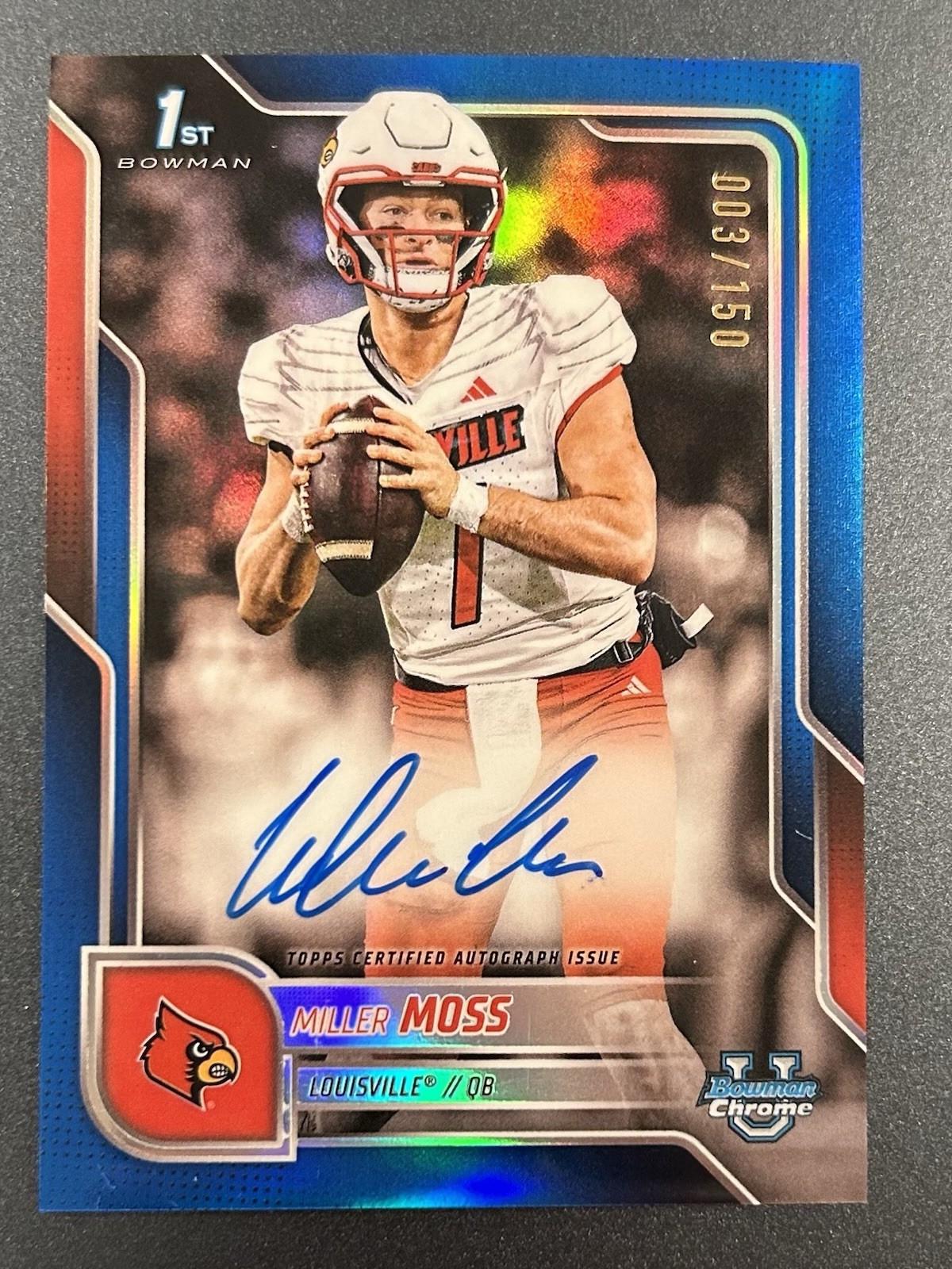 Miller Moss 2025 Bowman U Chrome 1st Bowman Blue On-Card Auto # /150 Louisville