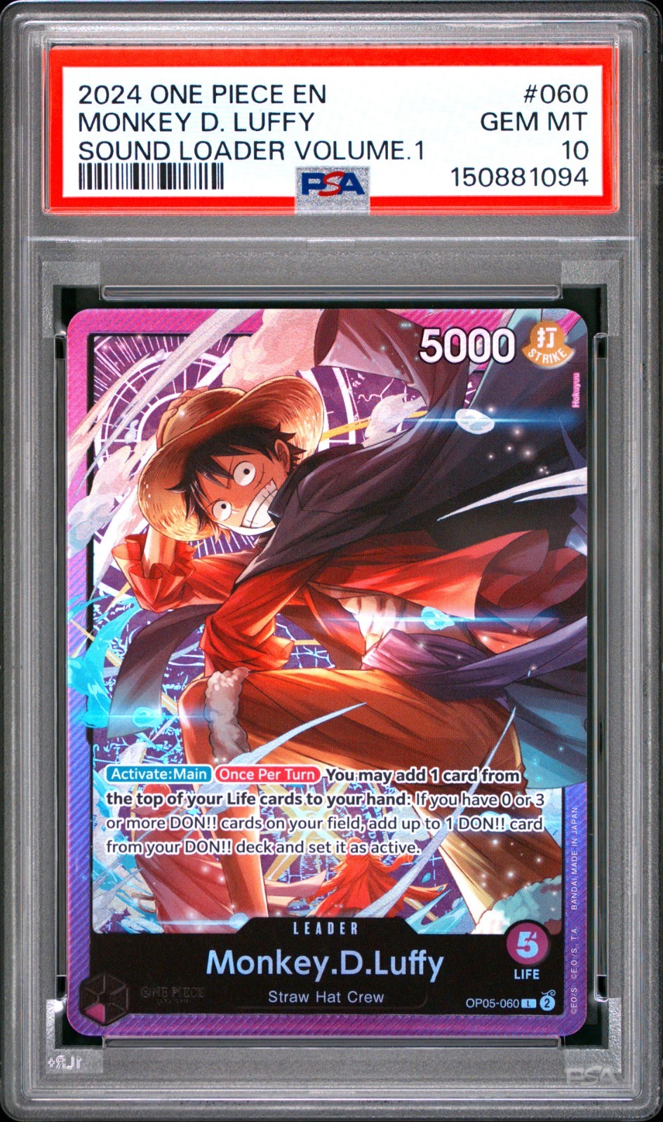 One Piece En Monkey D Luffy Sound Loader Volume 1 OP05-060 PSA 10 Gem Mint