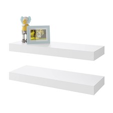 2 Pack White Wall Mounted Wooden Floating Shelves with Invisible Brackets