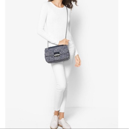 Michael Kors Sloan Large Admiral Tweed Shoulder Bag Navy Blue - Picture 4 of 9