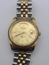 Vintage Armitron Watch Men Gold Tone Fluted Bezel Day Date New Battery Need Fix