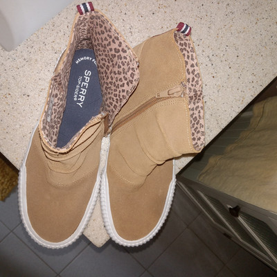 Girls Shoes Sperry Soletide Mid-boot Sneaker Tan Suede Leopard Print Lining 3M