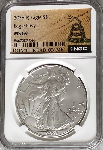 2025(P) ASE American Silver Eagle Privy MS69 NGC Don't Tread on Me Label 1 Oz