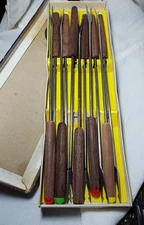 Vintage MCM STAINLESS STEEL Set of 11 FONDUE FORKS w/Wooden Handles Original Box