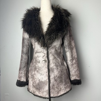 Vtg Faux Suede Fur Collar Jacket Brown 70s Penny Lane Retro Boho Y2k Hippie S