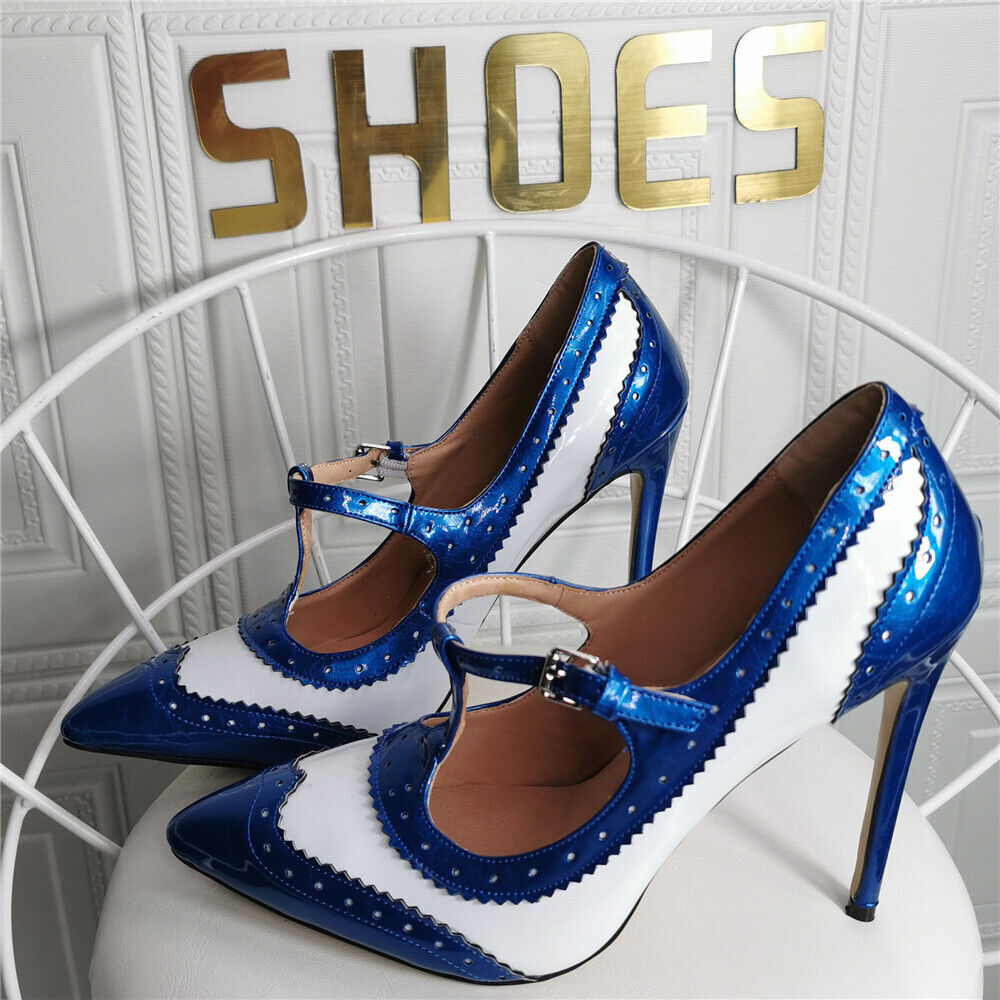 Women High Heels Pump Pointed Toe Stiletto Heel Strap White Blue