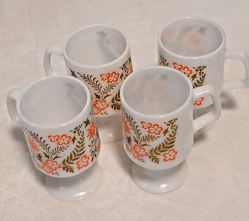 4 tazas de café retro años 70 floral con pedestal de vidrio con leche naranja aguacate hibisco - Imagen 2 de 5
