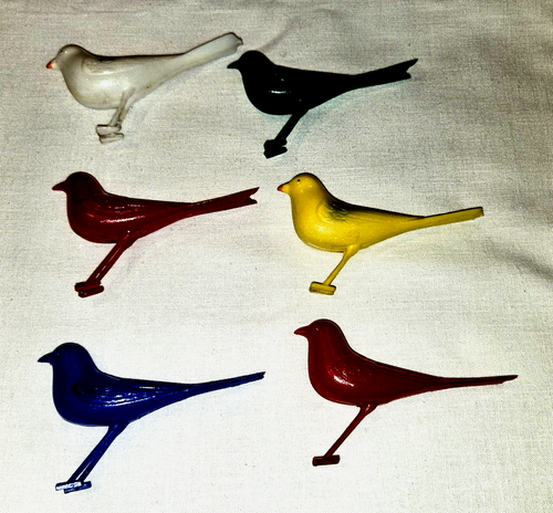 Xmas Tree Ornaments Birds VTG Hard Plastic Branch Holders Lot of6 Red Green Blue