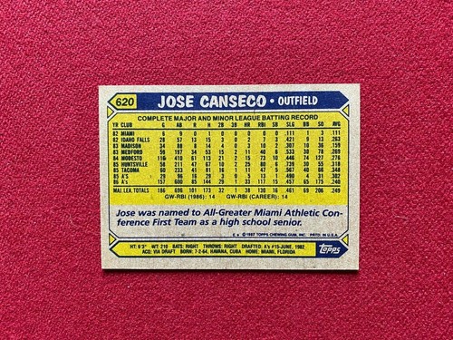 1987, Jose Canseco, "Autographed" TOPPS "Rookie" Card (Vintage) - Picture 2 of 2