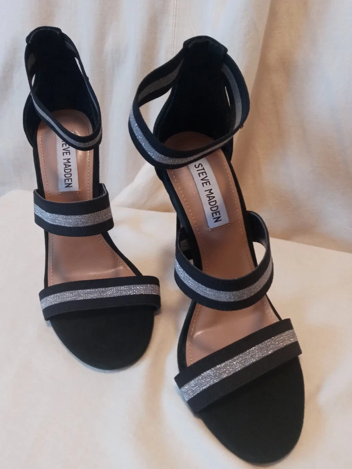 Steve Madden Women’s 7M Black Silver Stripe Stretch Fabric Carina Heels Open Toe - Image 3 of 4