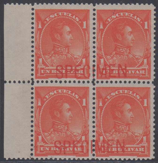 VENEZUELA 1882-88 ESCUELAS BOLIVAR Sc 83 MGNL BLOCKx4 PERF PROOF + "SPECIMEN" NH