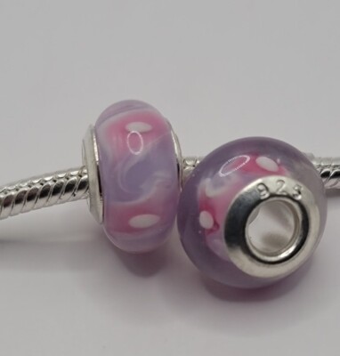   New 925 Sterling Silver Lilac And Pink Obstract  Murano Glass 1 Bead Charm 