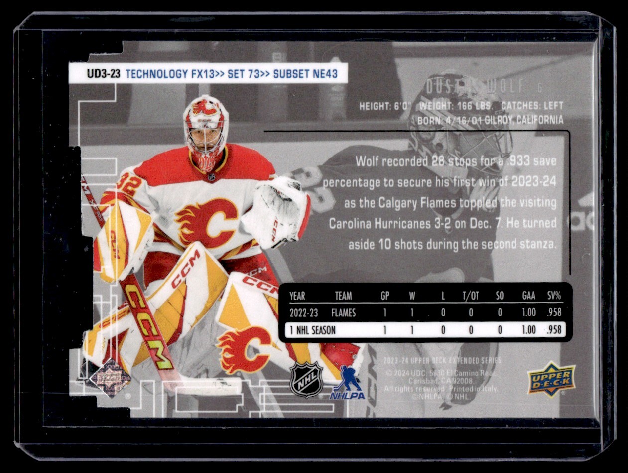 2023-24 Upper Deck Extended Thecnology FX13 Dustin Wolf Calgary Flames #UD3-23