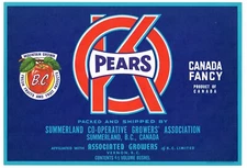 ORIGINAL PEAR CRATE LABEL CANADA BRITISH COLUMBIA 1950S B.C.OK BLUE SUMMERLAND