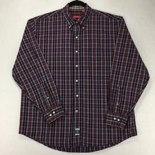 IZOD Men's Shirt Size Large Plaid Dark Blue Button Down Long Sleeve Front Pocket