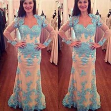 Blue Applique Mother of The Bride Bead Long Sleeve Mermaid Wedding Guest Gowns