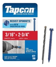 Tapcon 3/16" x 2-3/4" Hex Head Concrete Anchor Screws 3145407 | 100 Pack | Drill