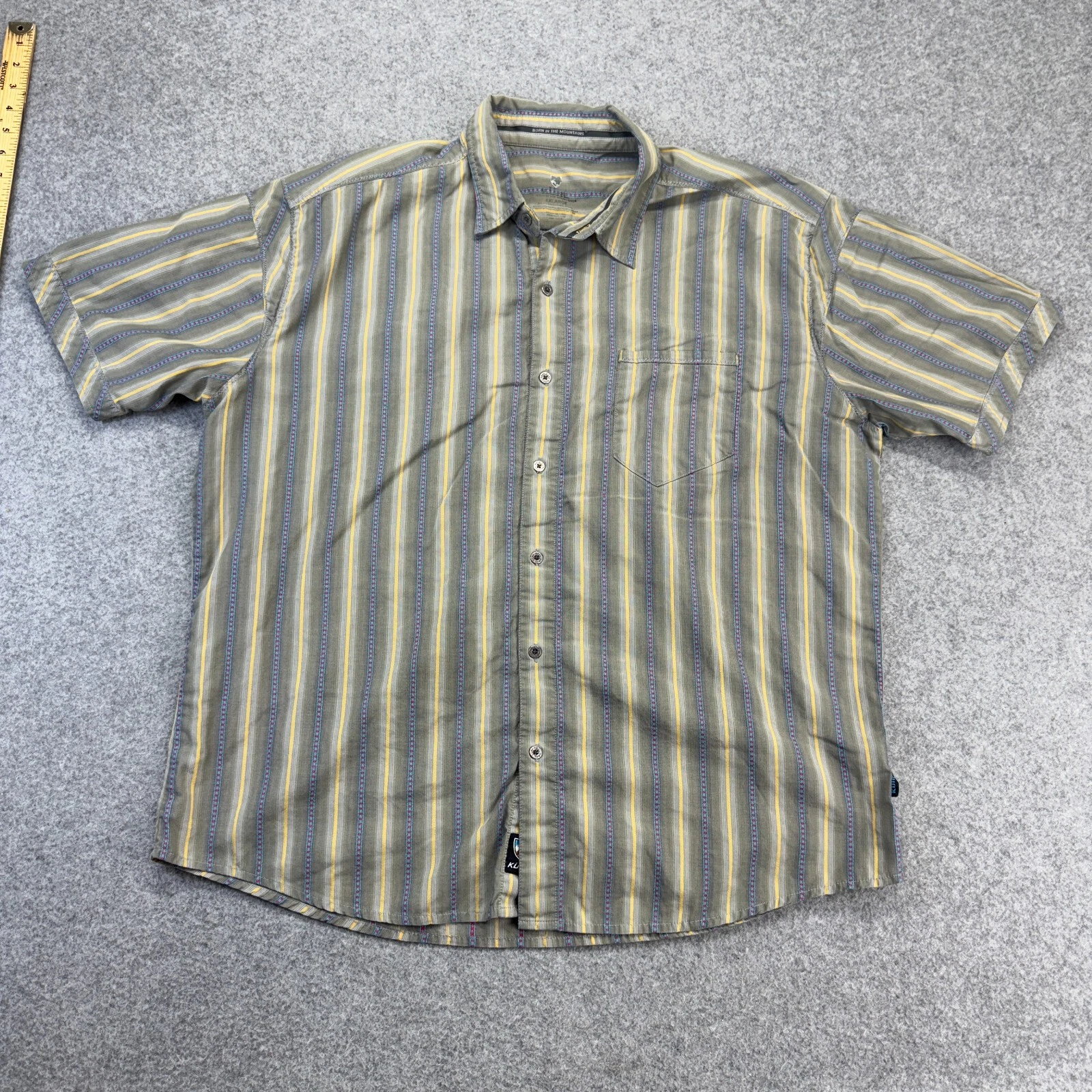 KUHL Button Up Shirt XXL Short Sleeve Suncel Striped Outdoor Utility Tech Travel