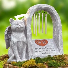 Solar Angel Cat with Lighted Halo Wind Chime Memorial Garden Statue Figurine
