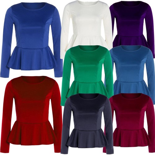 New Womens Plus Size Crop Waist Frill Peplum Tops Long Sleeve Skater Tops 8-26 - Picture 1 of 31