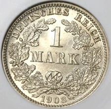 1908-J NGC MS 62 Germany 1 Mark Rare Hamburg Silver Coin POP 1/1 (20050301C)
