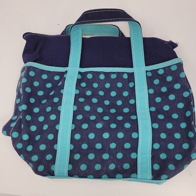 LL Bean Boat Tote Bag Vintage Canvas Blue Green Zip Pocket Spotted Polka  Dot 80s