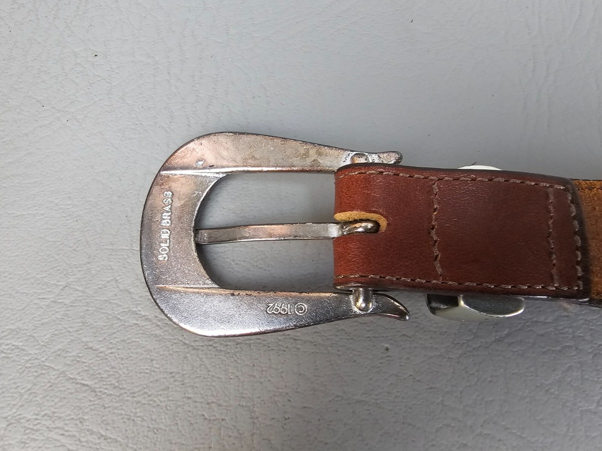 Vintage Brighton Honest Leather Brass Wildlife Belt Brown Silver Tone Size 30 Honest by Brighton Brown Leather Belt Vtg Sz 32 Endangered  main image 2