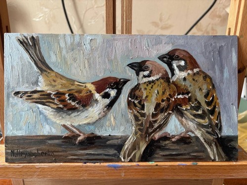 Original oil painting Portrait of Birds, SPARROWS, animals, nature 5,5 x 10 inch - Picture 2 of 6