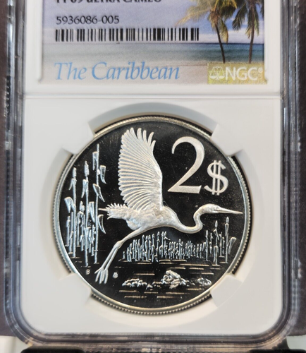 1974 CAYMAN ISLANDS SILVER 2 DOLLARS GREAT BLUE HERON NGC PF 69 ULTRA CAMEO - Picture 3 of 3