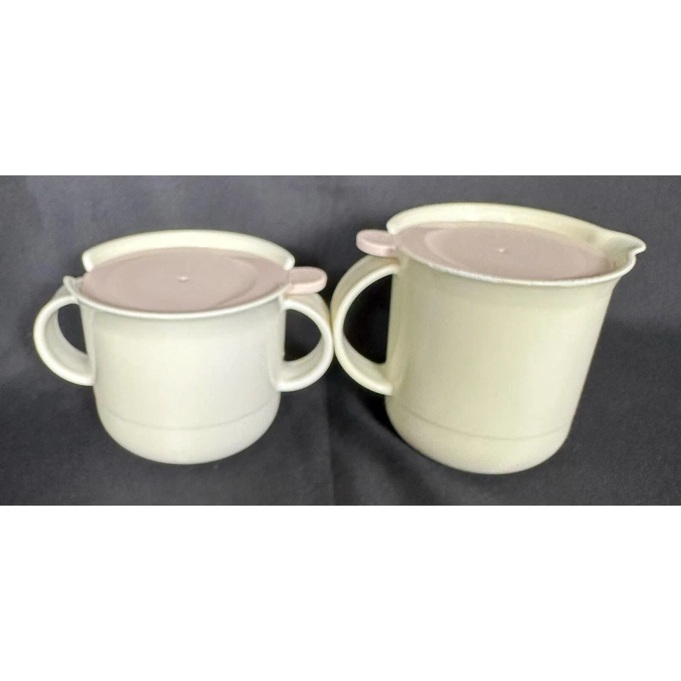 Tupperware Vintage Creamer 2309A & Sugar 23108 Pink Lids Ivory Base Set Vintage - Image 3 of 4
