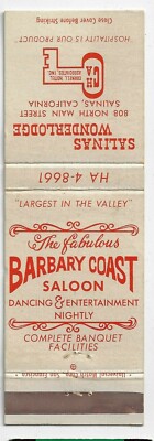 Vintage Matchbook Cover Barbary Coast Saloon Salinas California Dancing.