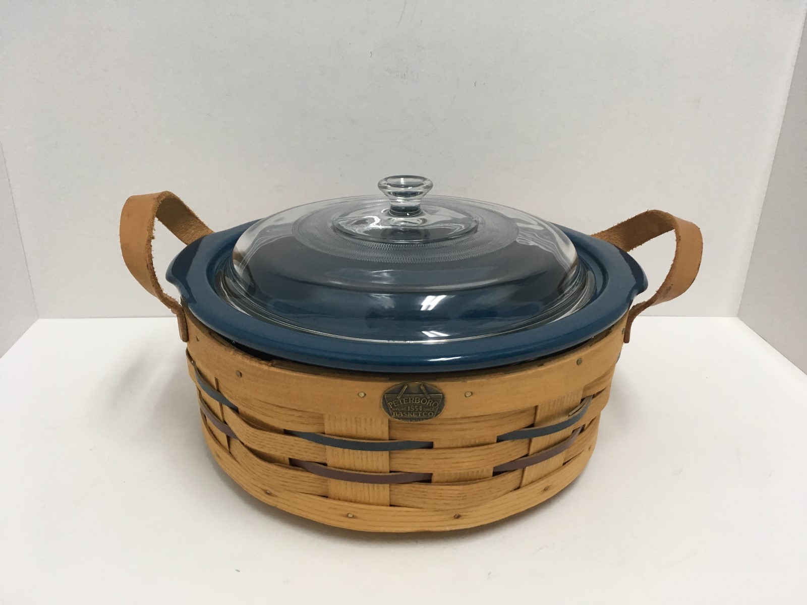 Peterboro Leather Handled Lazy Susan Basket with Blue Stoneware