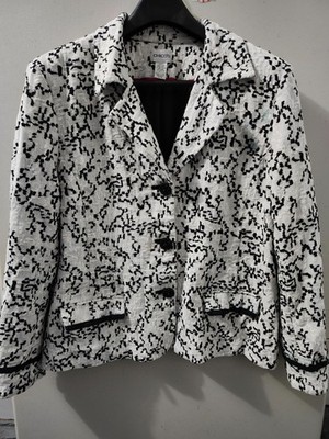 Chicos Jacket Womens XL BLK WHT Blazer Texture Embroider Stitch 100% Linen Heavy