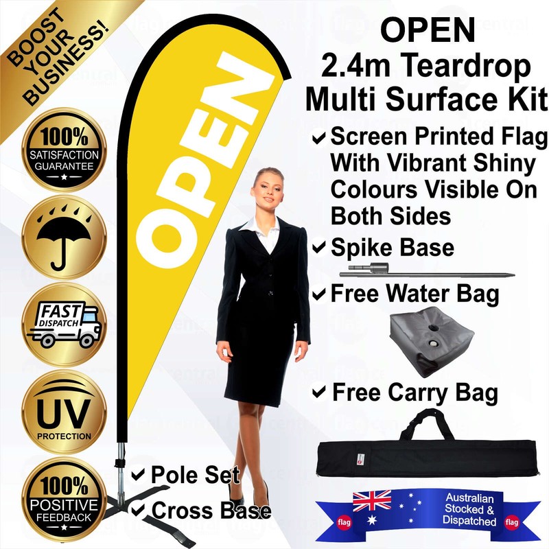 K - OPEN Yellow 2.4m Teardrop Flag / Banner Kit with Pole Set, Galvanised Steel Ground Spike, Steel Outdoor Cross Base, Free 15kg Water Bag and a Free Carry Bag - 1