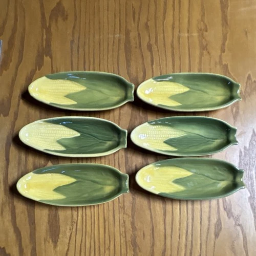 Shawnee Set of 6 Oven Proof Ceramic Corn Dishes Yellow Green USA Pottery 8"