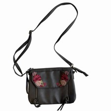 Flower Embroidered Cross Body Purse Handbag Faux Leather Gray Unbranded