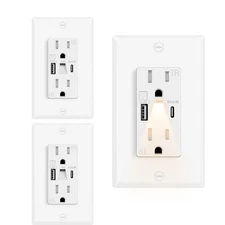 3 PK USB C+A 24W Fast Charging Outlets, 4.8A, LED Night Light, On/Off Switch