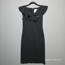 Calvin Klein Sheath Dress Womens 4 Black Stretch Pleated Ruffle Neck Back Zip