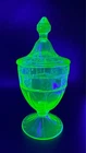 Jeannette Doric Candy Dish Jar and Cover Depression Uranium Glass Glows
