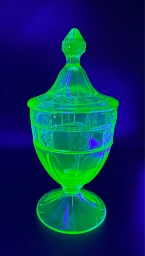 Jeannette Doric Candy Dish Jar and Cover Depression Uranium Glass Glows