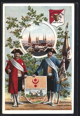AK Halle / Saale, Halloren, Hauptmann und Fändrich, Wappen der Salzwürker-Brude 