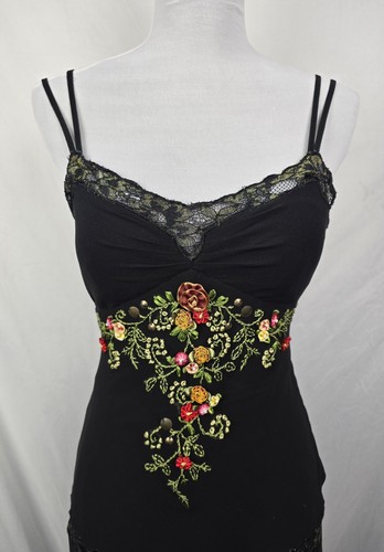 Caché Vintage Whimsigoth Whimsical Embroidered Fairy Grunge Silk Midi Dress sz 2 - Picture 2 of 7