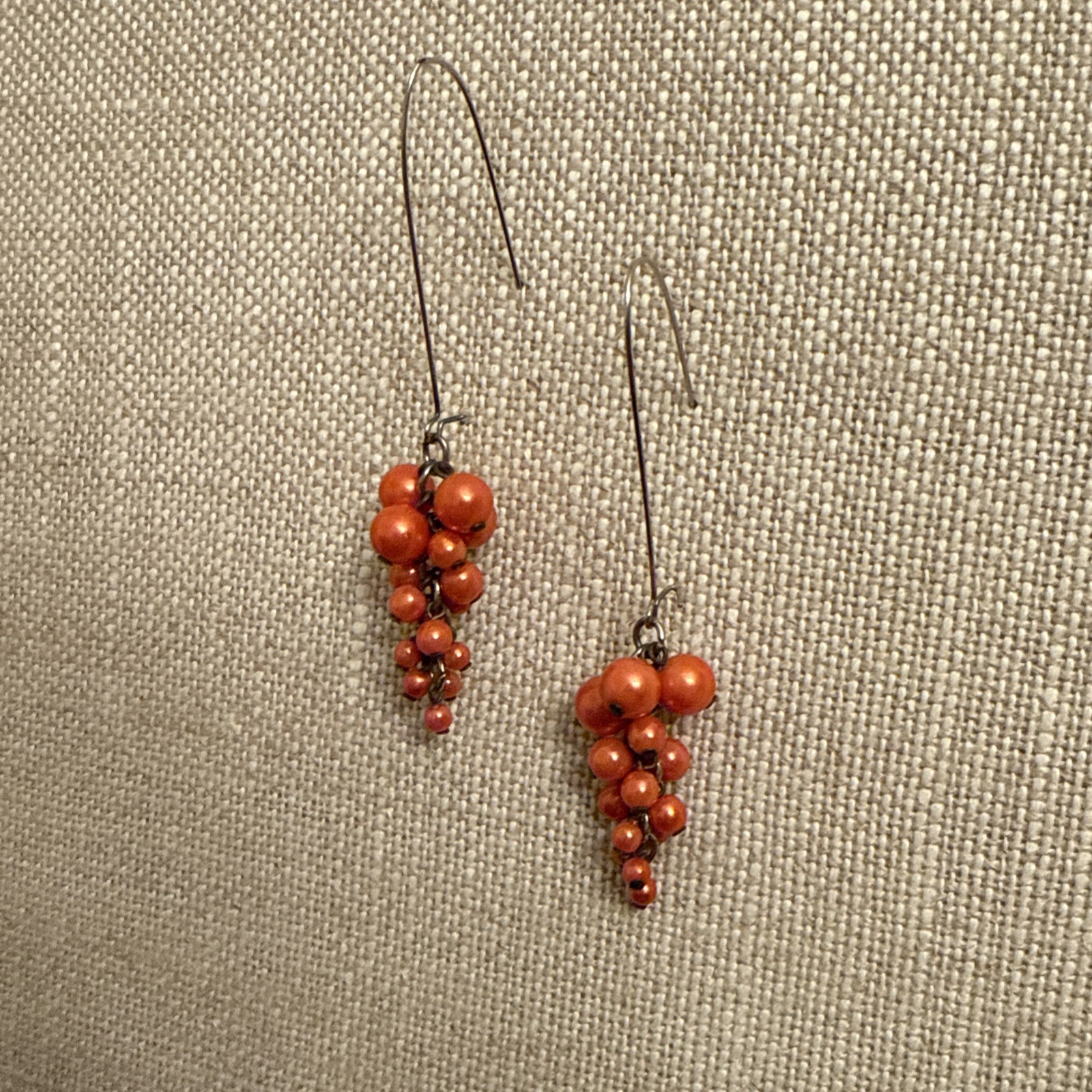 Vintage long dangle earrings Orange Metallic Lucite grape cluster Gold Tone
