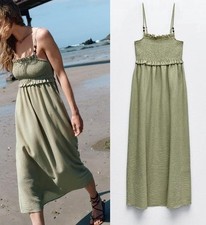 ZARA Khaki Midi Dress With Smocked Detail Bead Appliqués Strappy 4387/047 Size S