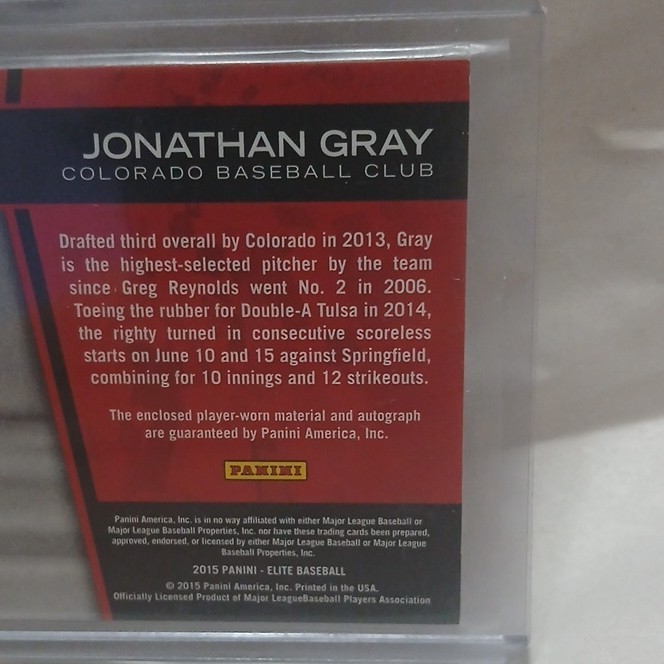 Panini Elite 2015 Future Threads Jon Gray #3 Rockies Auto Patch RC /299 view 3