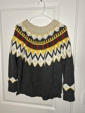 Aerie Pullover Knit Sweater S/P Gray Yellow Red Geometric Pattern