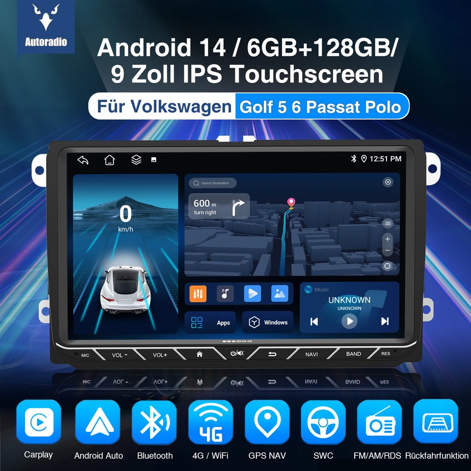 DAB+ Android 14 6+128GB Autoradio Carplay GPS Für VW Golf 5 6 Touran Tiguan Polo - Bild 2 von 4