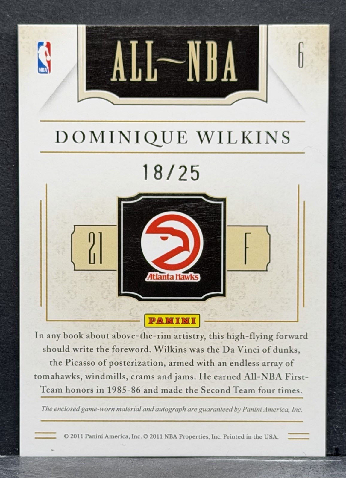 2011-12 National Treasures Dominique Wilkins All-NBA Patch AUTO /25 Atlanta Hawk view 2